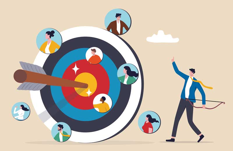 Target audience for advertising, HR finding candidate for job vacancy, finding customer or client, people focus group research concept, businessman shooting bow on people target bullseye.
