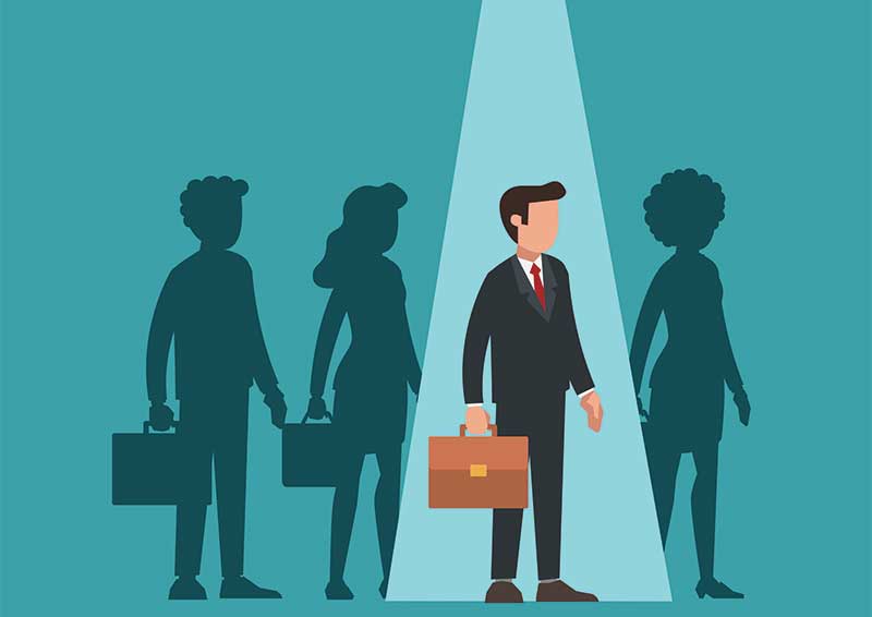 Male manager standing in light spot in group of people. Talented man professional candidate in lightspot. Flat vector business illustration.