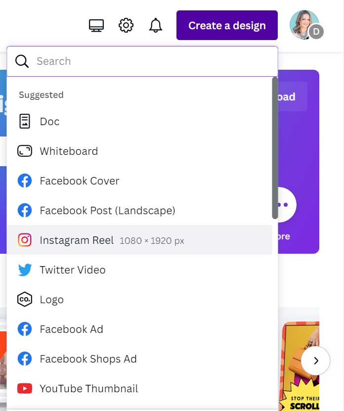 Canva menu selecting Instagram Reel.
