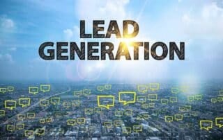LEAD GENERATION text on city and sky background with bubble chat ,business analysis and strategy as concept